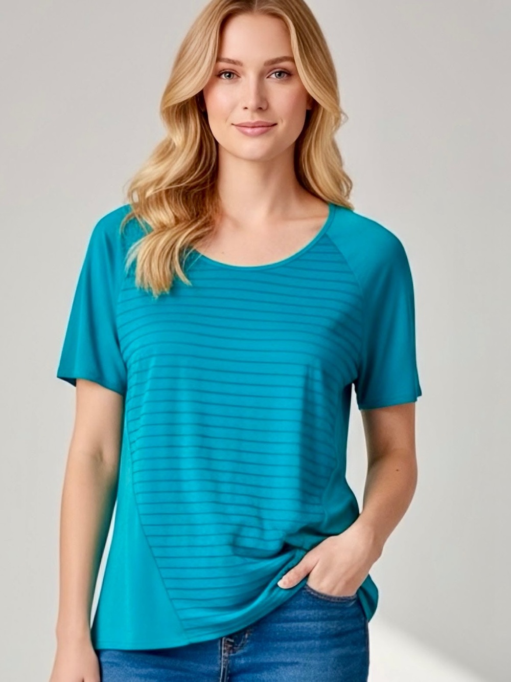 Calvin Klein Teal Striped Mesh Inset Mixed Media Blouse Small